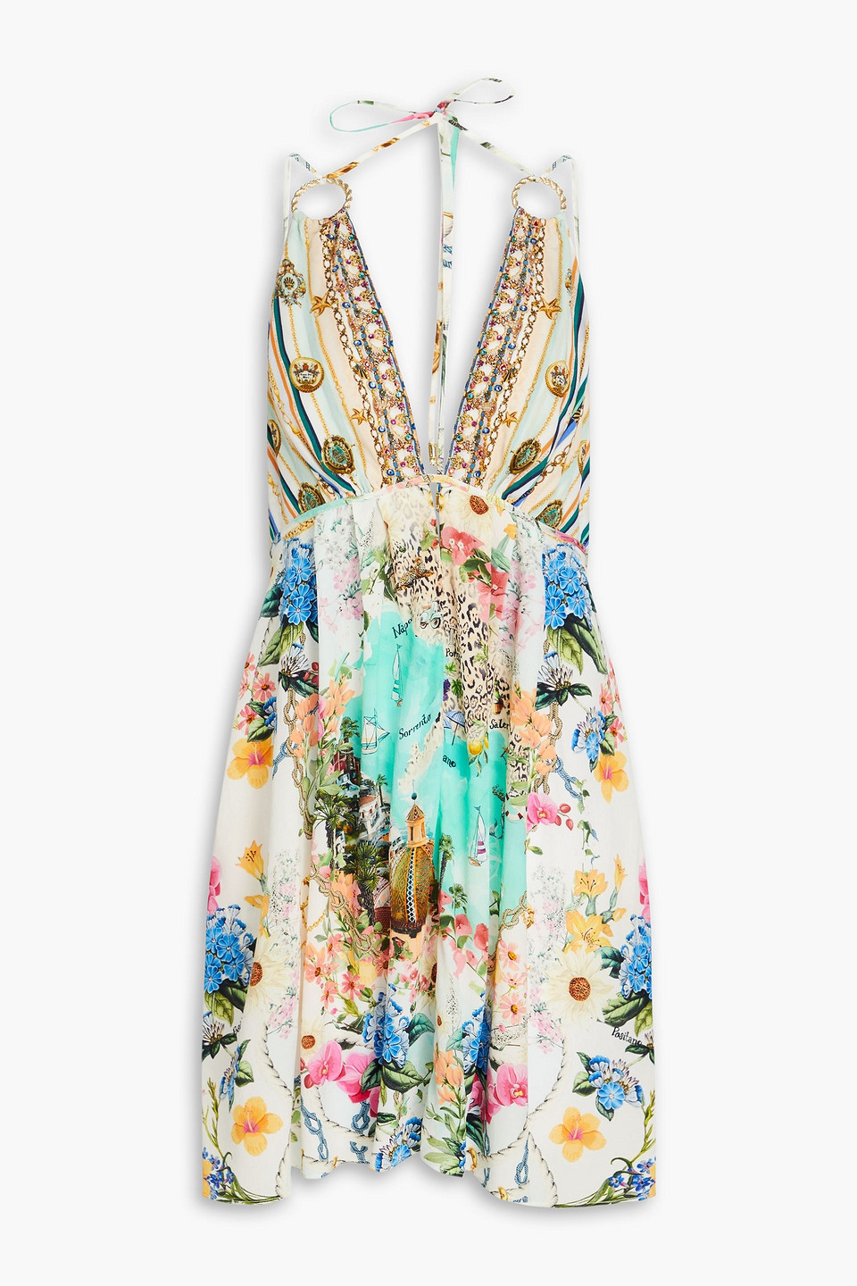 Crystal-embellished printed silk crepe de chine mini dress