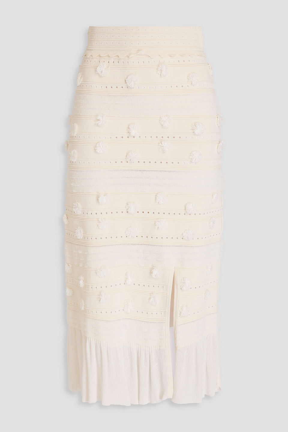 Sandro Pompom-embellished Pointelle-knit Midi Skirt