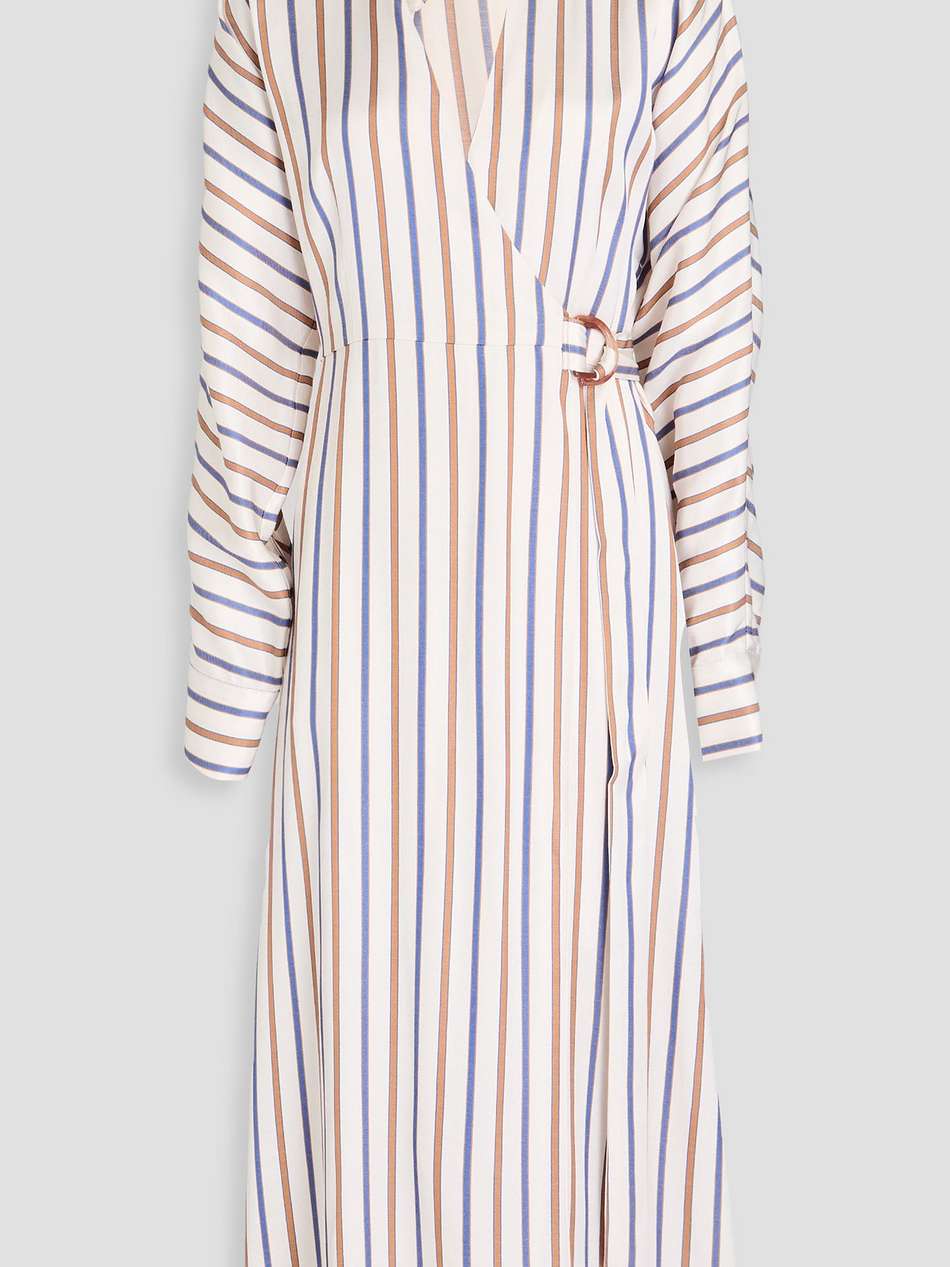 noor striped satin-twill midi wrap dress