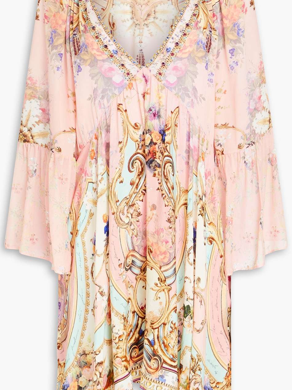 embellished chiffon-paneled floral-print silk crepe de chine mini dress