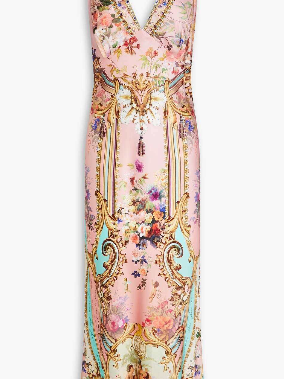crystal-embellished printed silk-satin midi dress