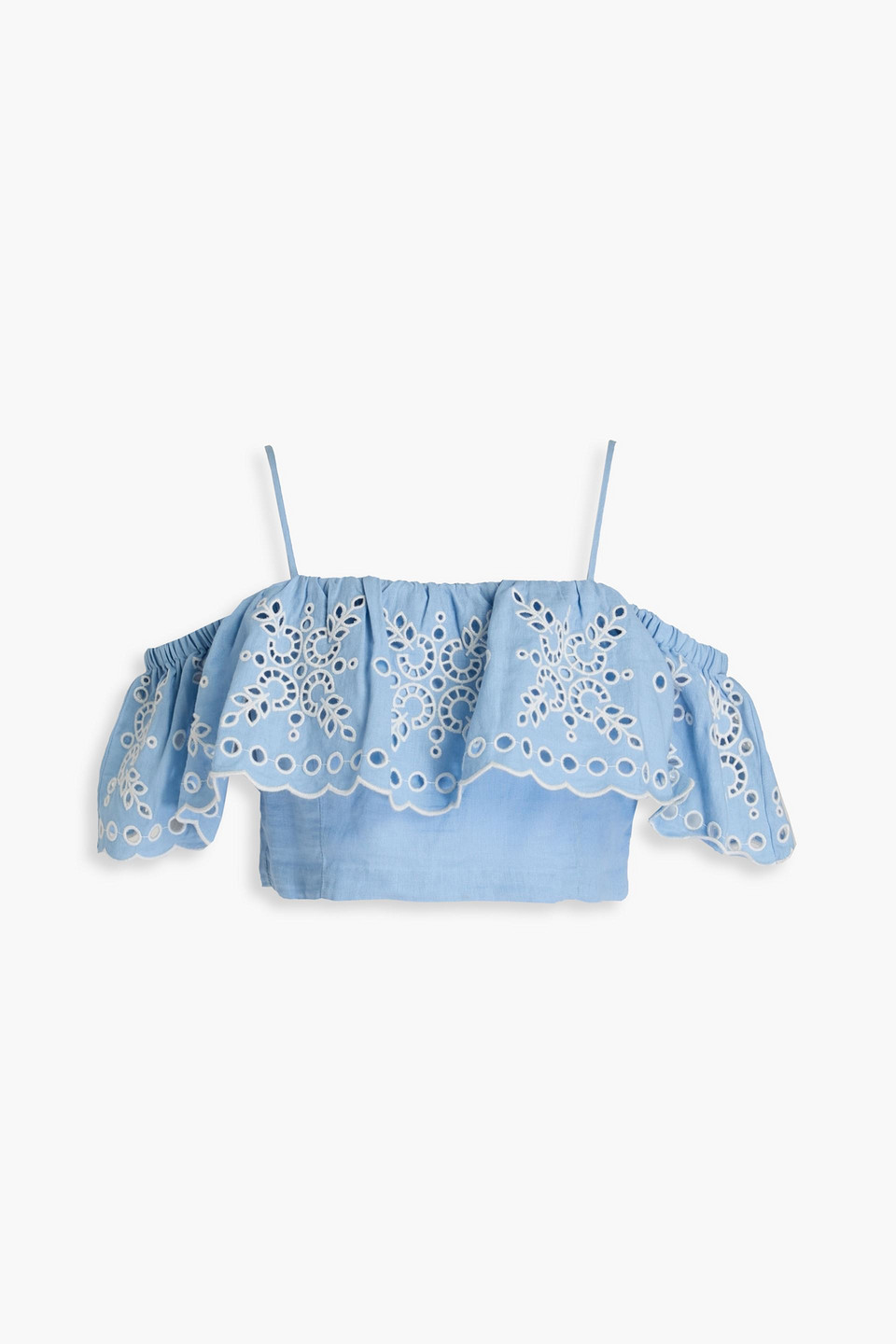 Sandro - Cold-shoulder cropped broderie anglaise linen-blend top - Blue - 1