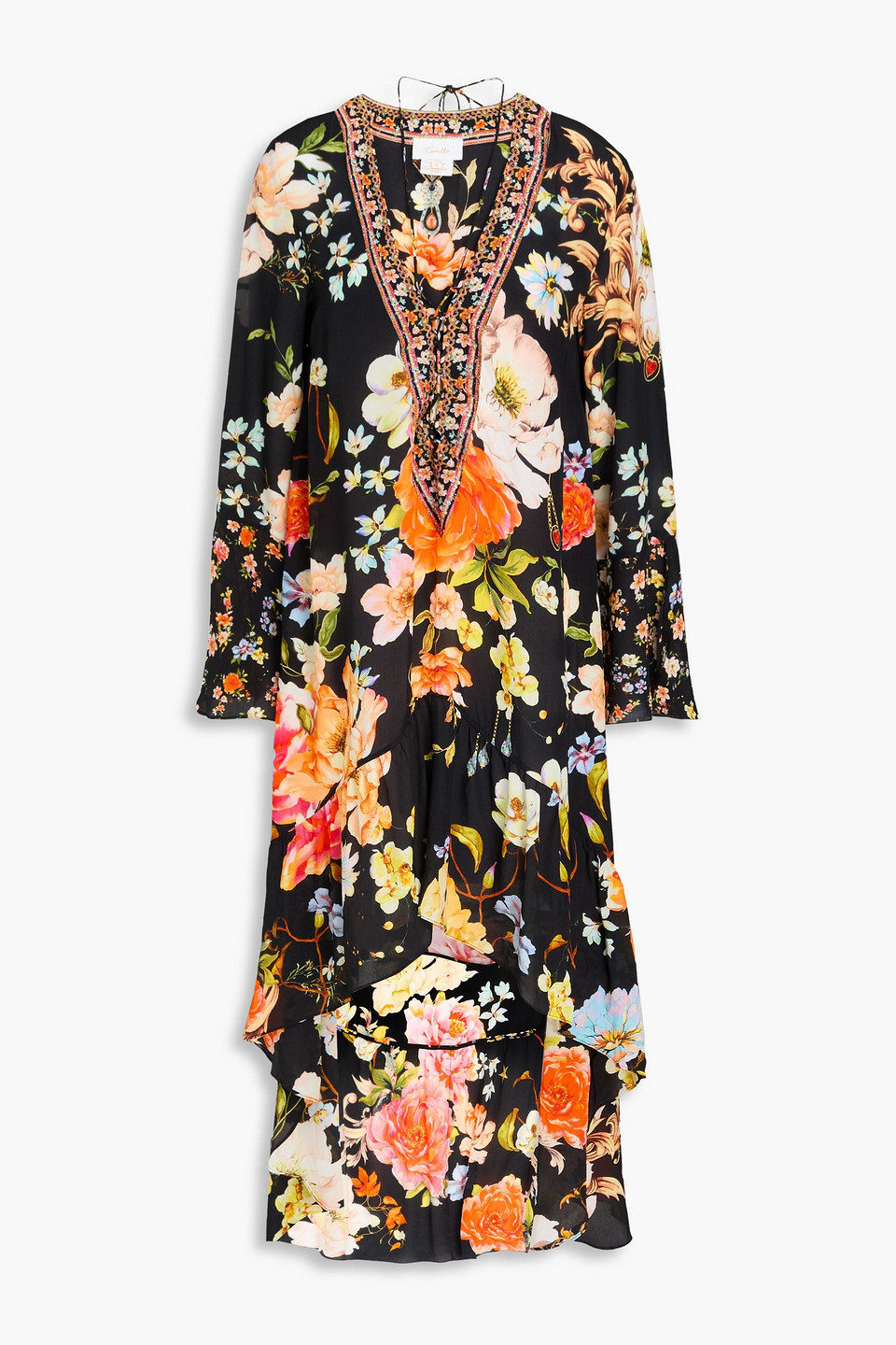 Asymmetric crystal-embellished floral-print silk crepe de chine midi dress