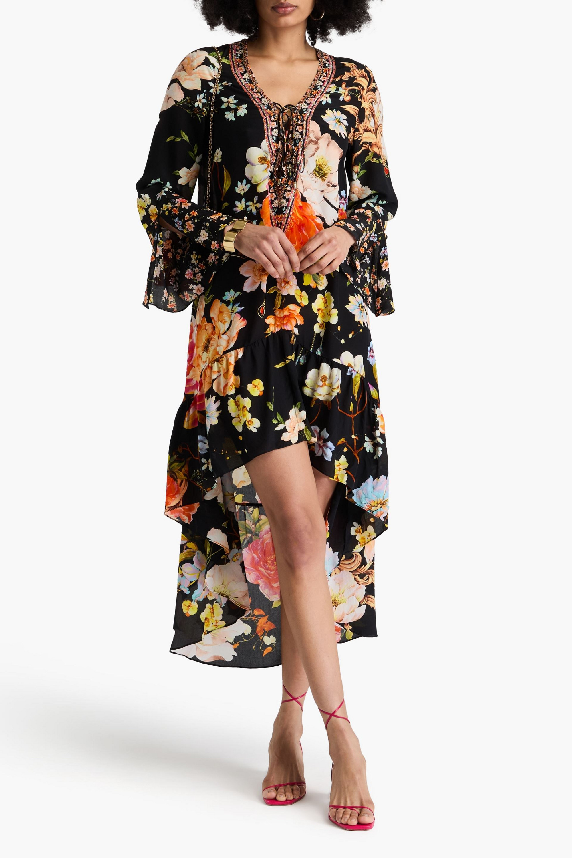 Camilla Asymmetric crystal-embellished floral-print silk crepe de chine midi dress