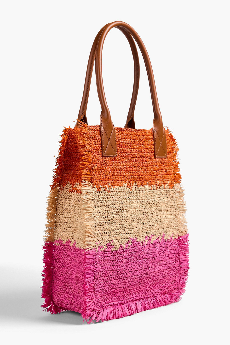 Sandro Leather-trimmed Fringed Color-block Straw Tote