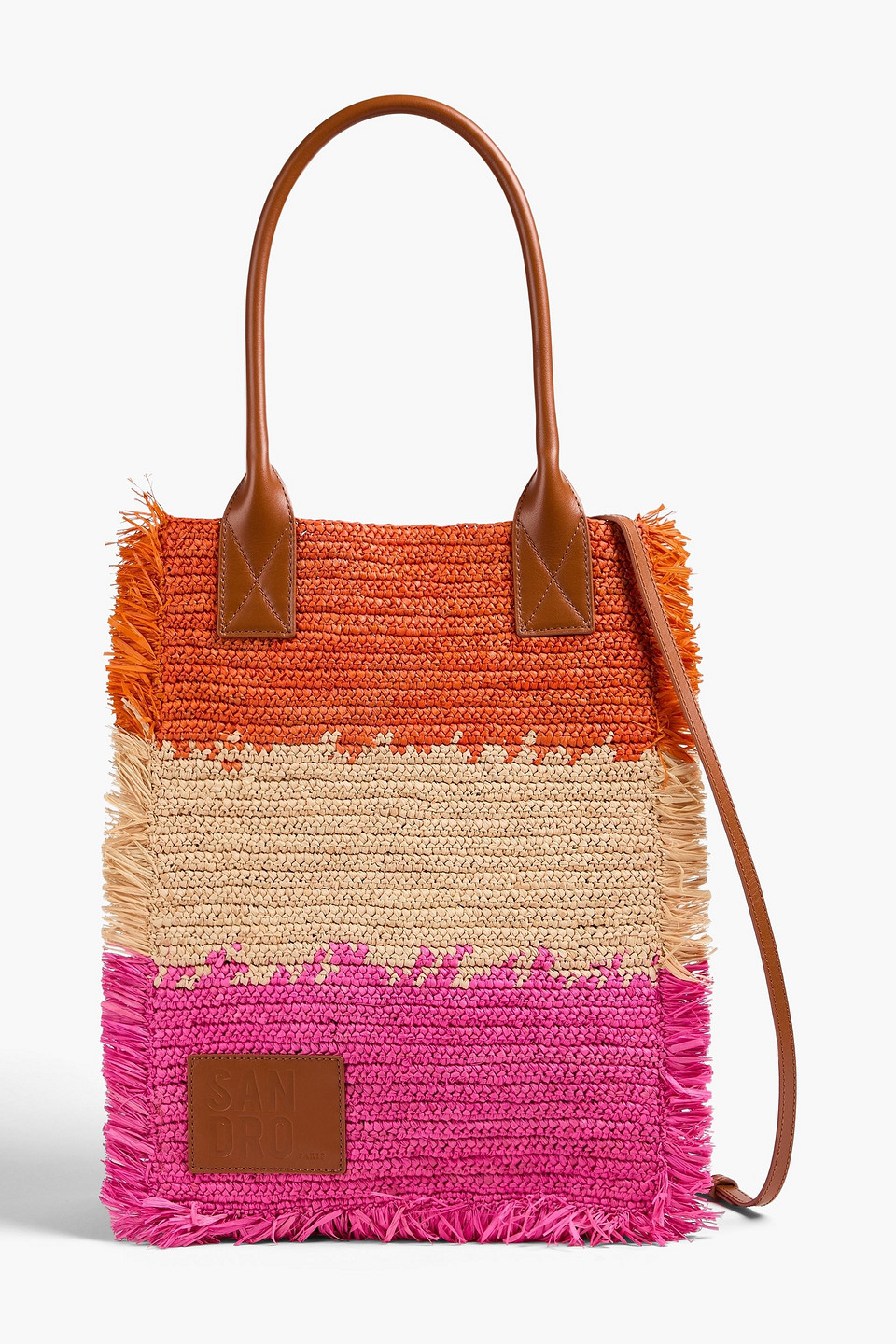 Sandro Leather-trimmed Fringed Color-block Straw Tote