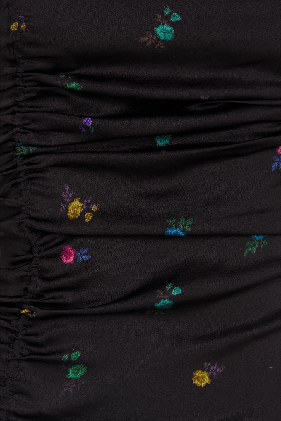 Ganni Ruched Floral-print Satin Midi Dress In Black