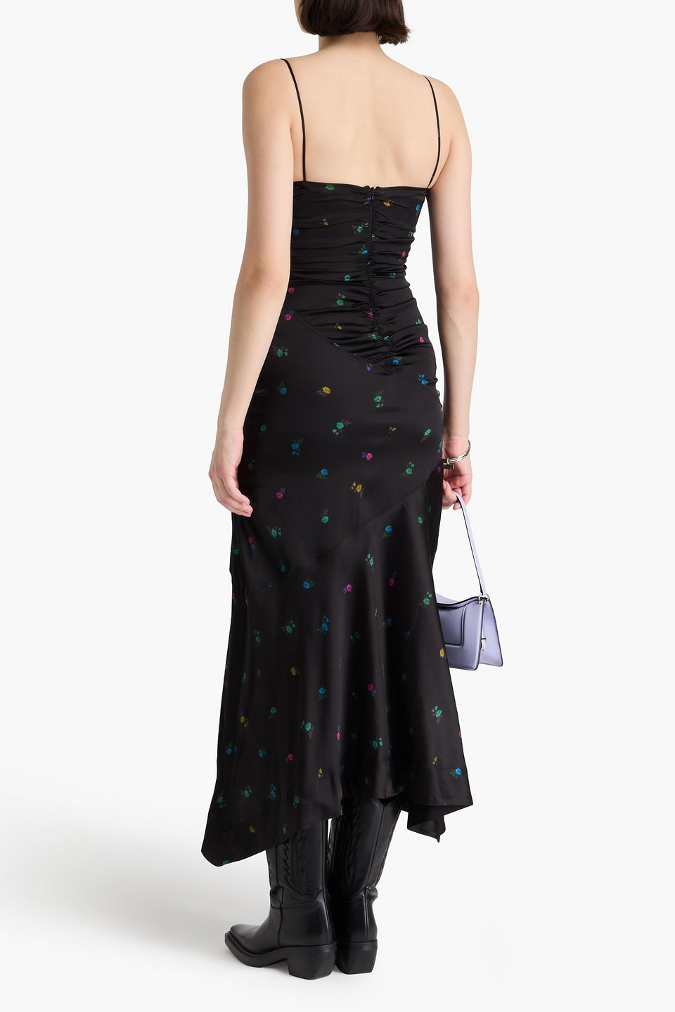 Ganni Ruched Floral-print Satin Midi Dress In Black