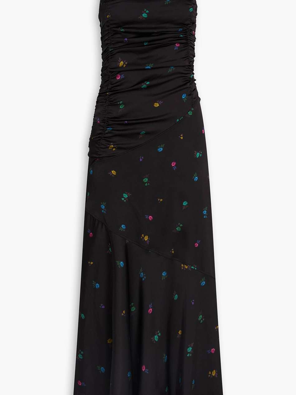 ruched floral-print satin midi dress