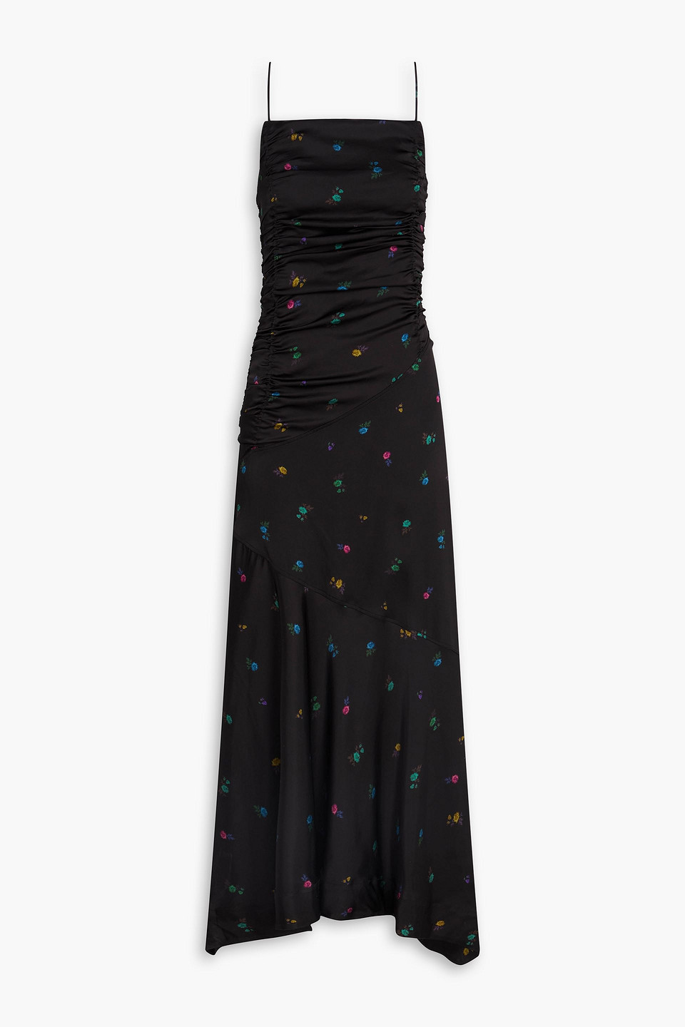 Ganni Ruched Floral-print Satin Midi Dress In Black