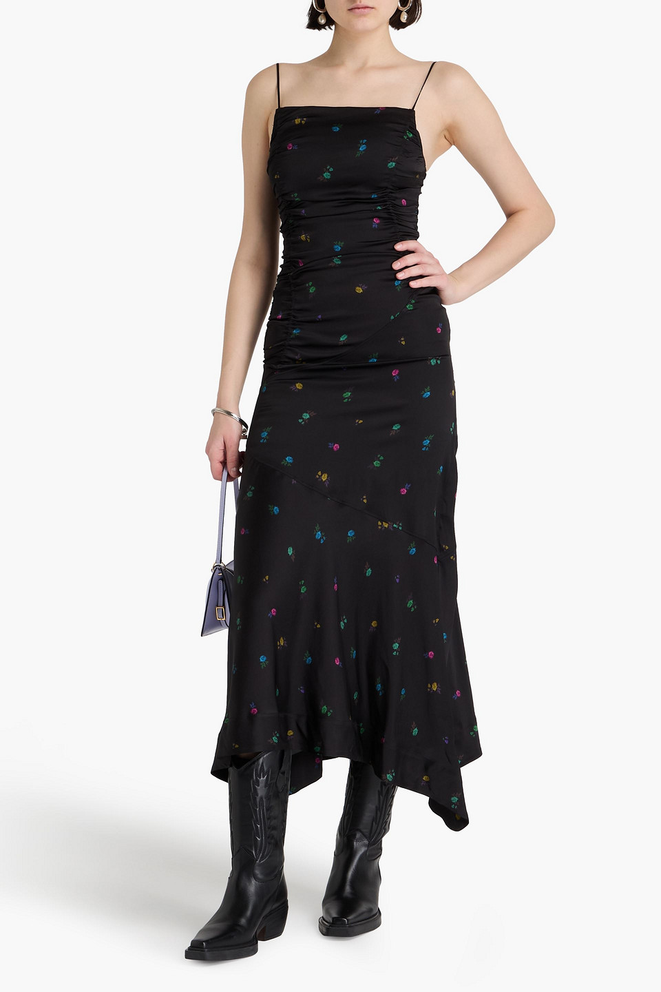 Ganni Ruched Floral-print Satin Midi Dress In Black