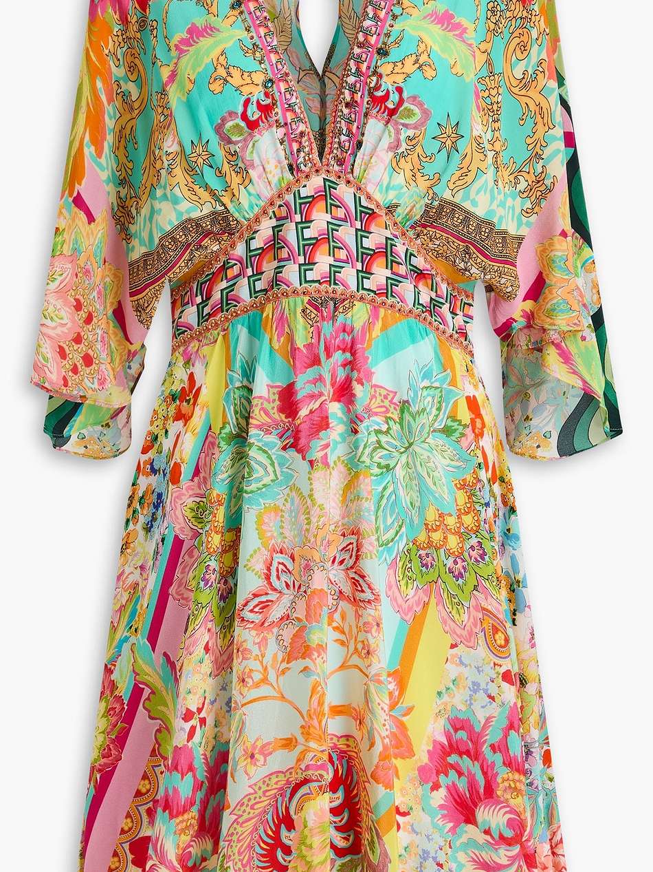 crystal-embellished printed silk crepe de chine mini dress