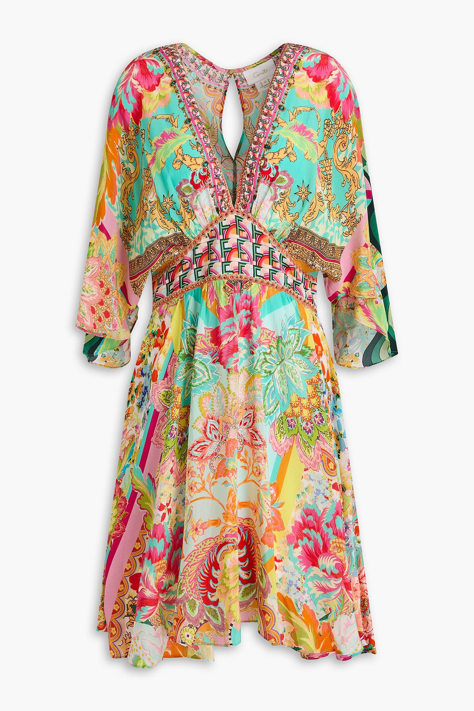Crystal-embellished printed silk crepe de chine mini dress