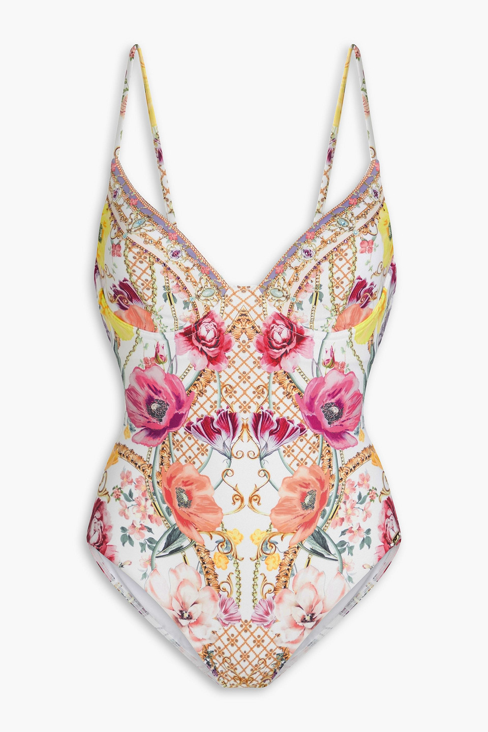 Crystal-embellished printed underwired swimsuit