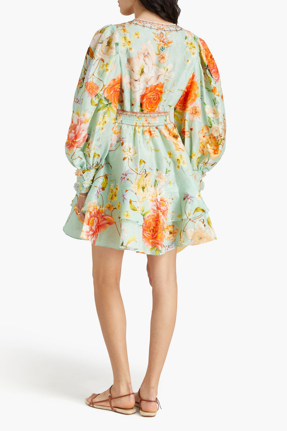 CAMILLA CRYSTAL-EMBELLISHED FLORAL-PRINT LINEN AND SILK-BLEND MINI DRESS 