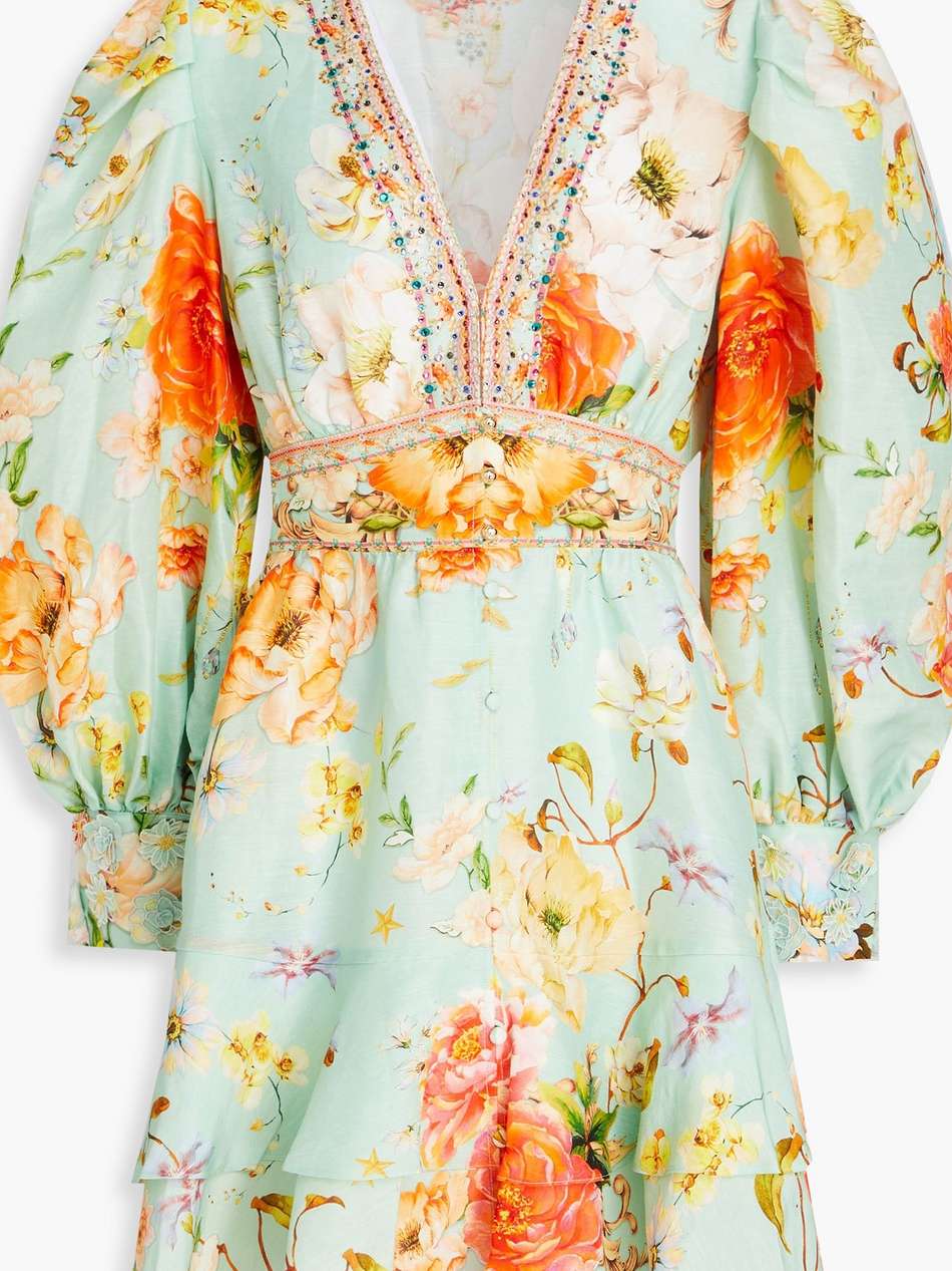 crystal-embellished floral-print linen and silk-blend mini dress