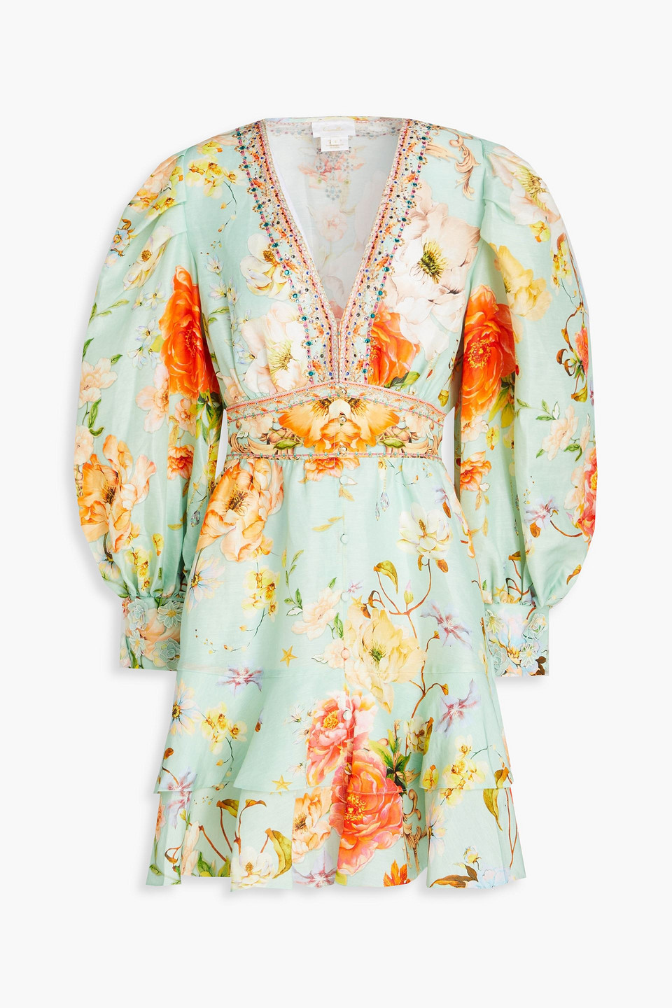 Camilla Minikleid Aus Einer Leinen-seidenmischung Mit Floralem Print Und Kristallverzierung In Minzfarben
