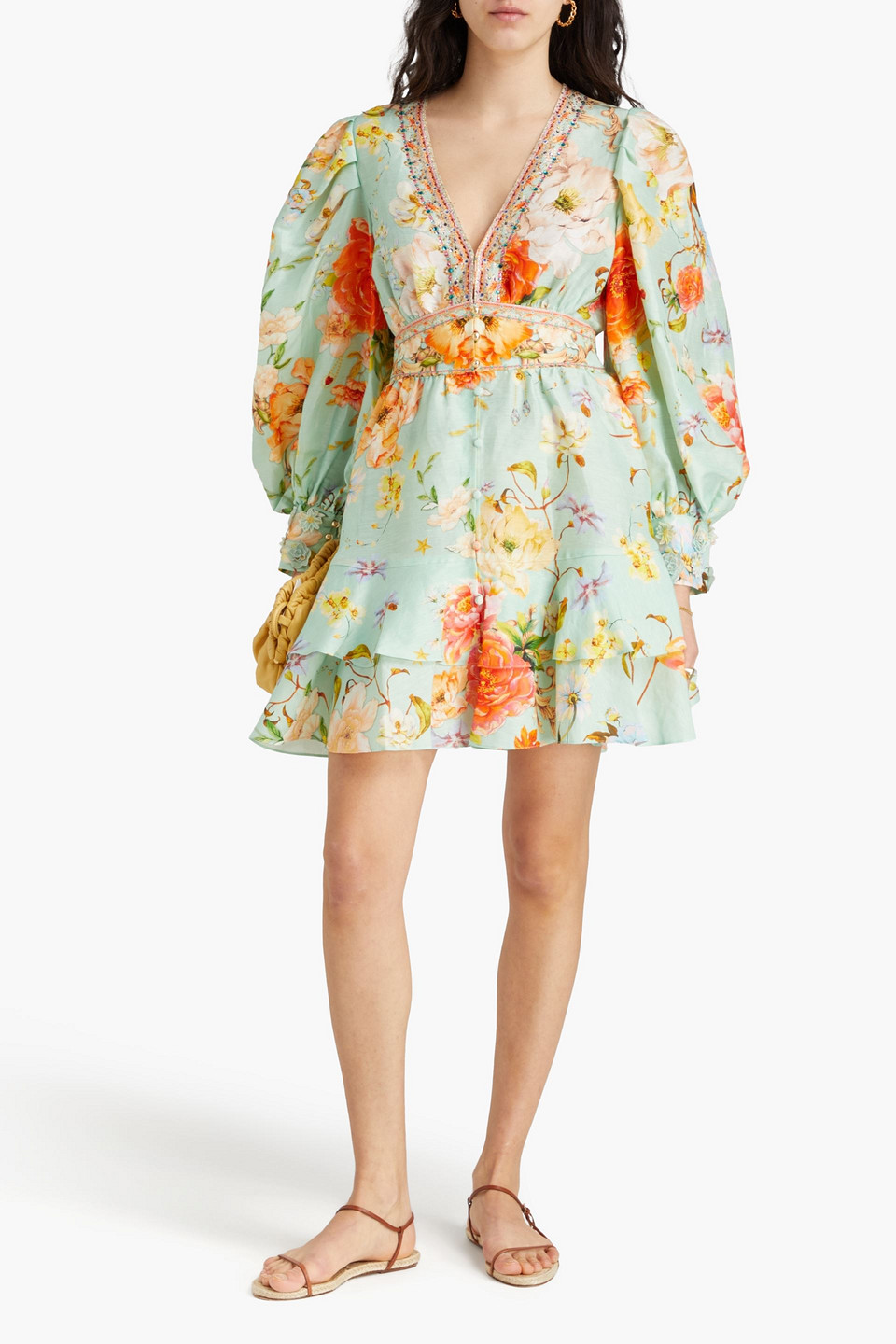 CAMILLA CRYSTAL-EMBELLISHED FLORAL-PRINT LINEN AND SILK-BLEND MINI DRESS 
