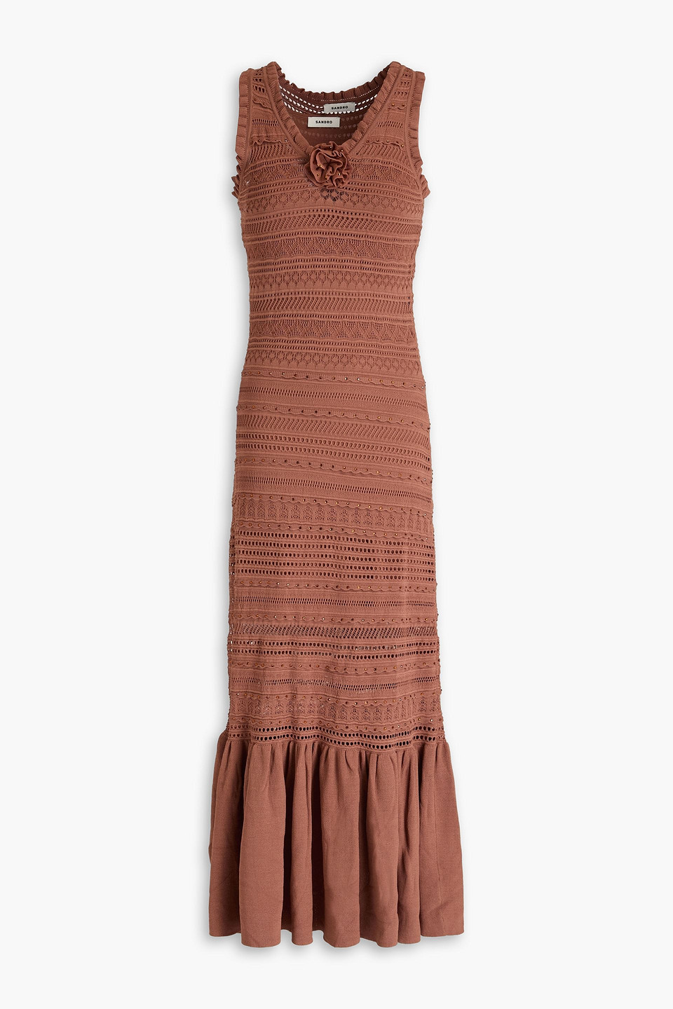 Sandro Crystal-embellished Pointelle And Crochet-knit Midi Dress