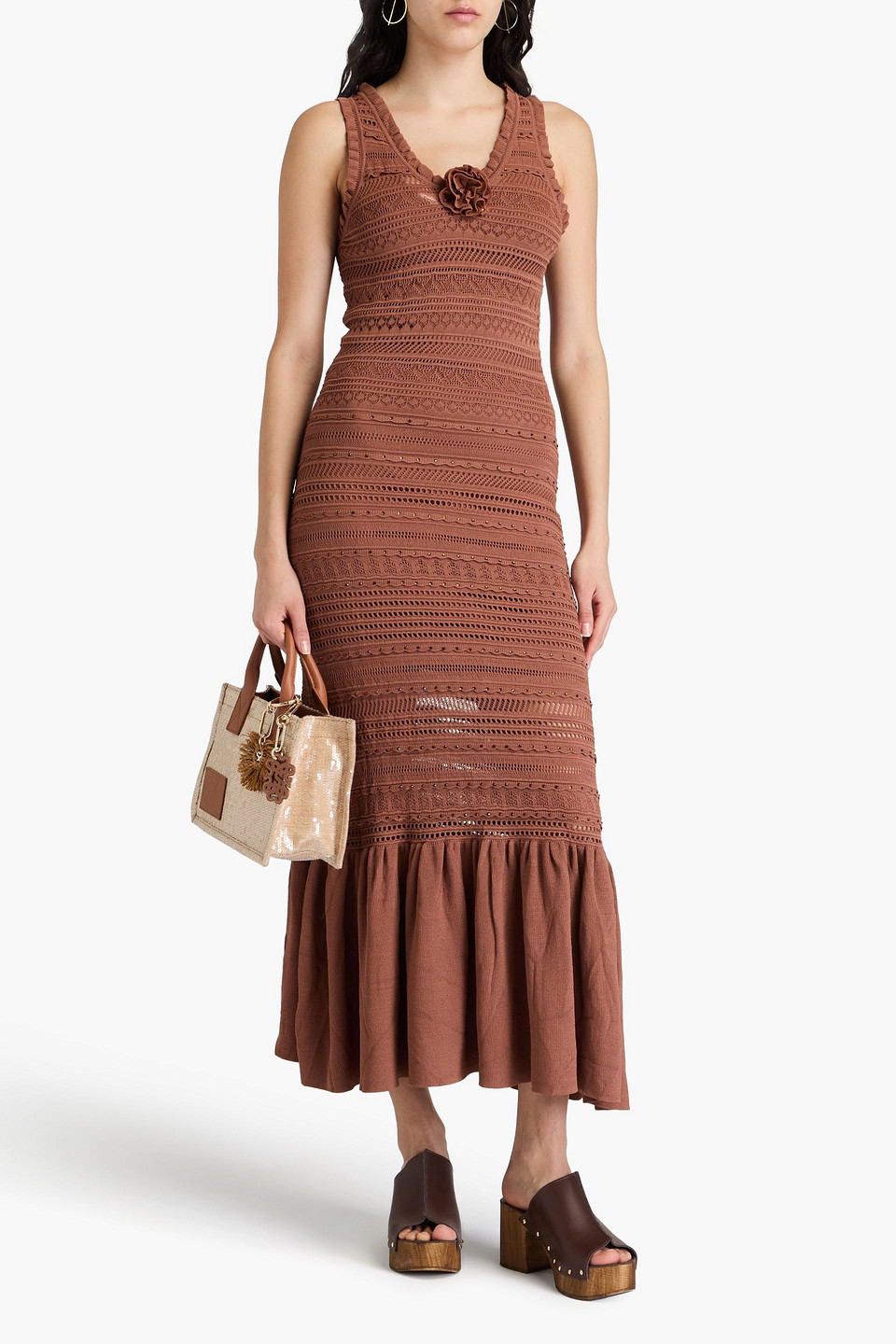 Sandro Crystal-embellished Pointelle And Crochet-knit Midi Dress