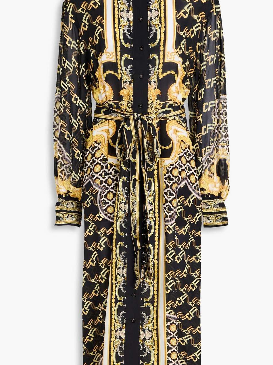 crystal-embellished printed silk crepe de chine and chiffon midi shirt dress