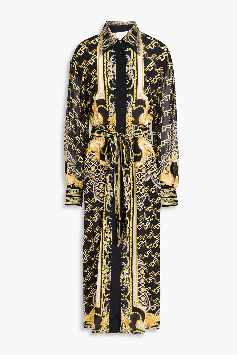 Camilla Crystal-embellished Printed Silk Crepe De Chine And Chiffon Midi Shirt Dress In Black