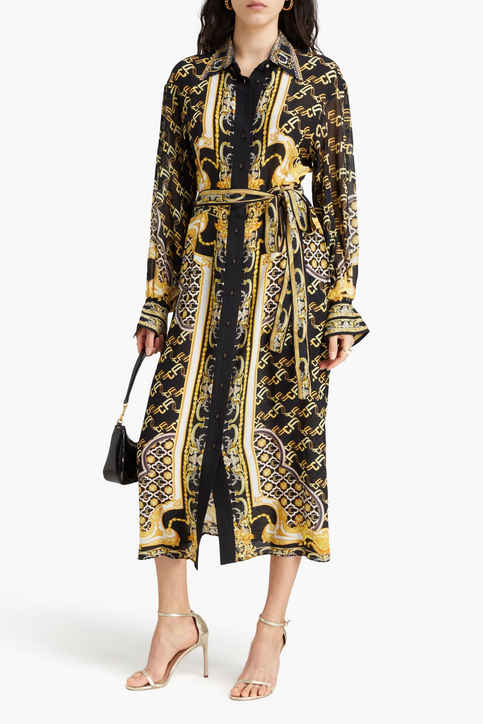 Camilla Crystal-embellished Printed Silk Crepe De Chine And Chiffon Midi Shirt Dress In Black