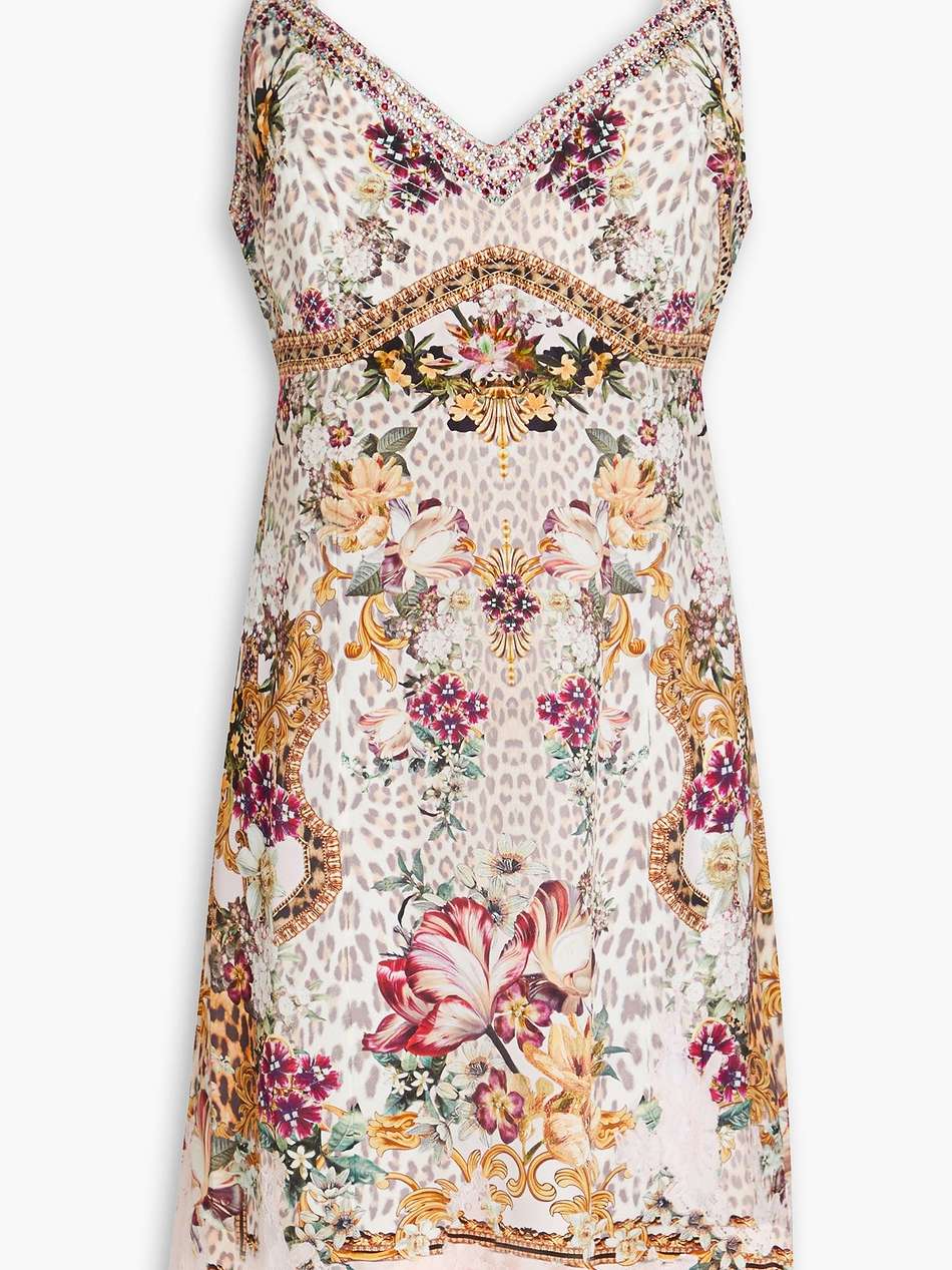 lace-trimmed crystal-embellished printed silk-satin mini dress