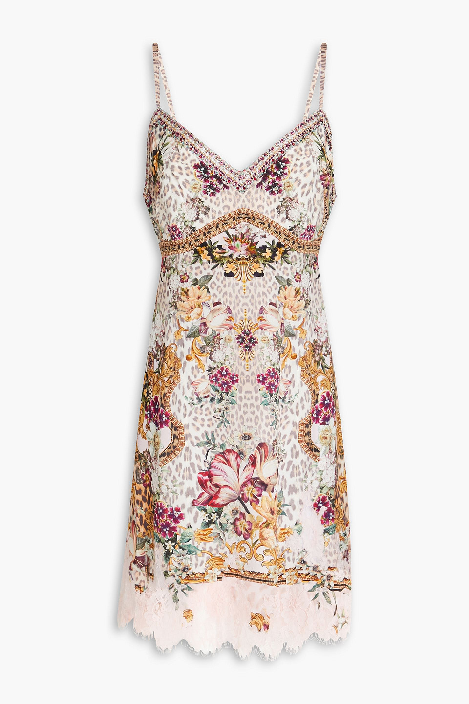 Lace-trimmed crystal-embellished printed silk-satin mini dress