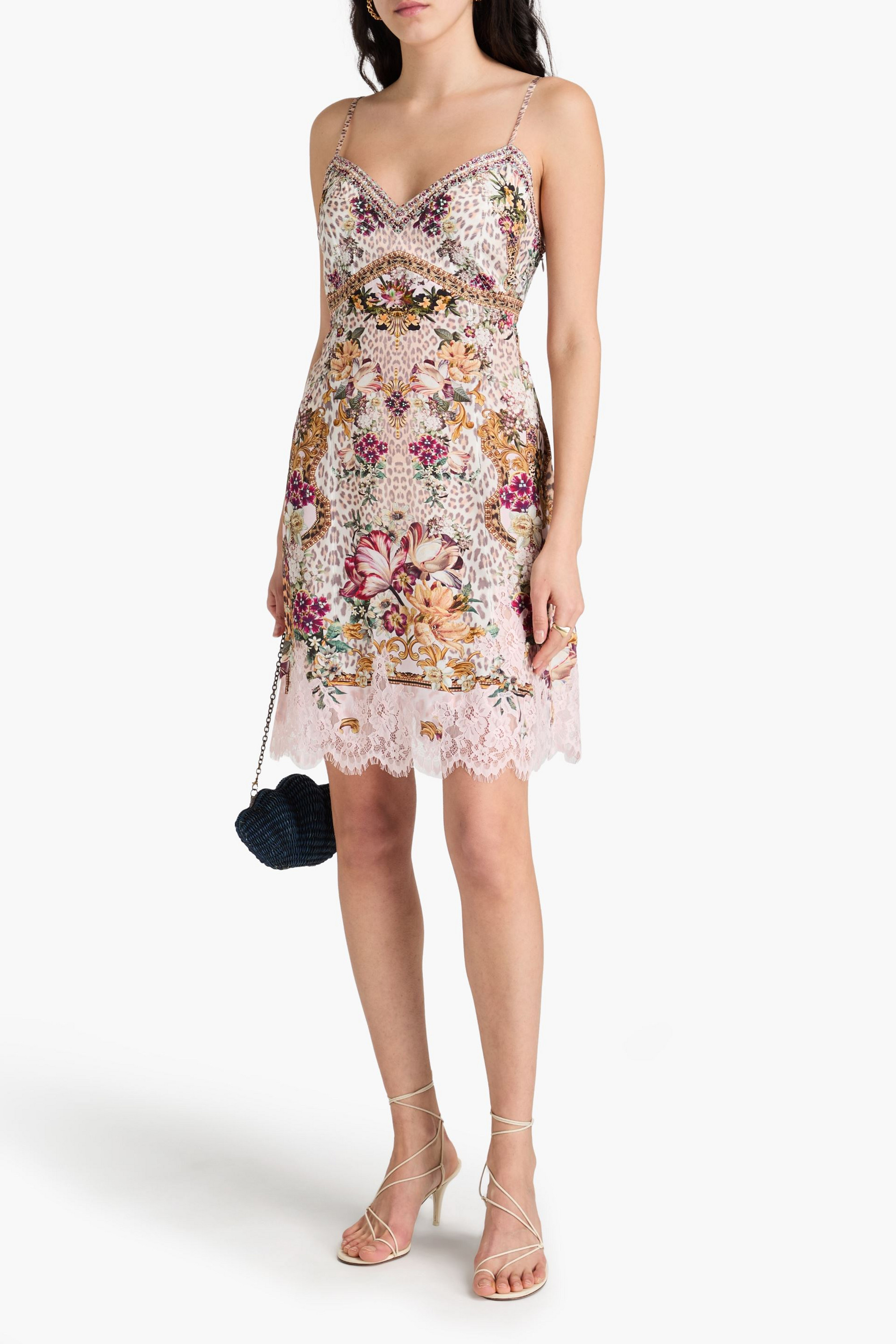 Camilla Lace-trimmed crystal-embellished printed silk-satin mini dress