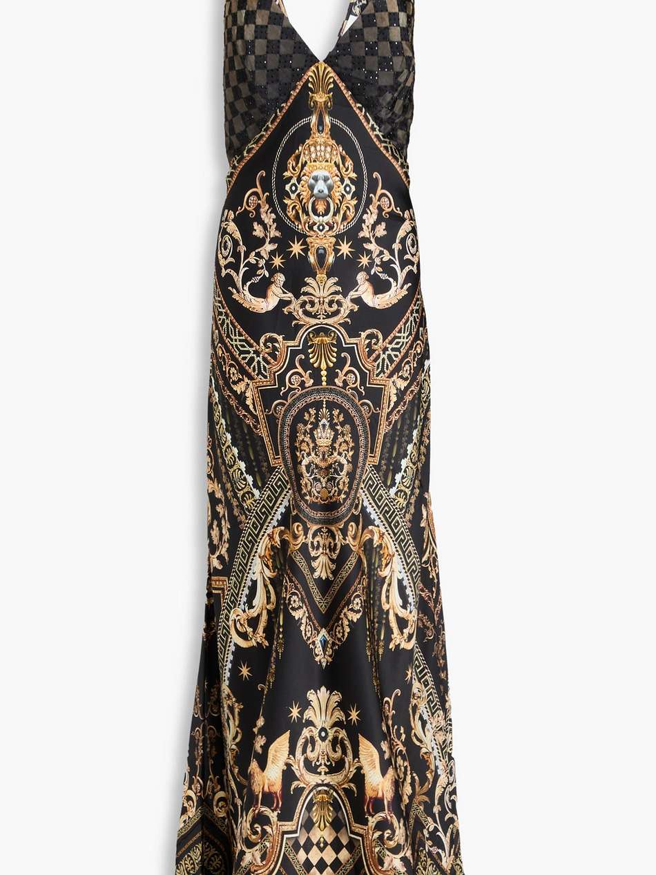 embellished printed silk-satin maxi slip dress