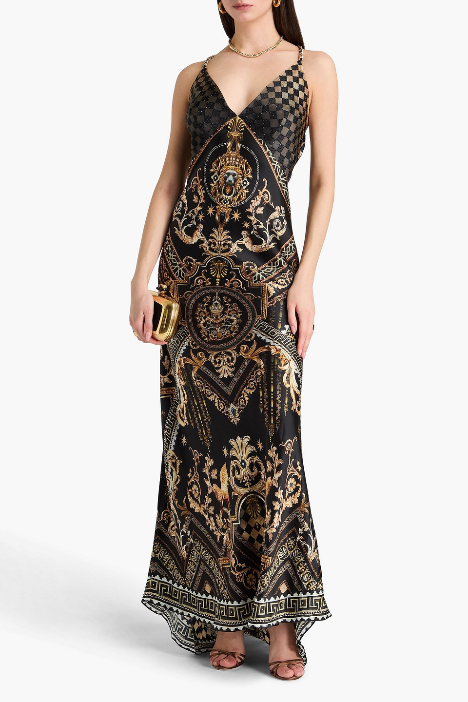 Shop Camilla Embellished Printed Silk-satin Maxi Slip Dress In Schwarz