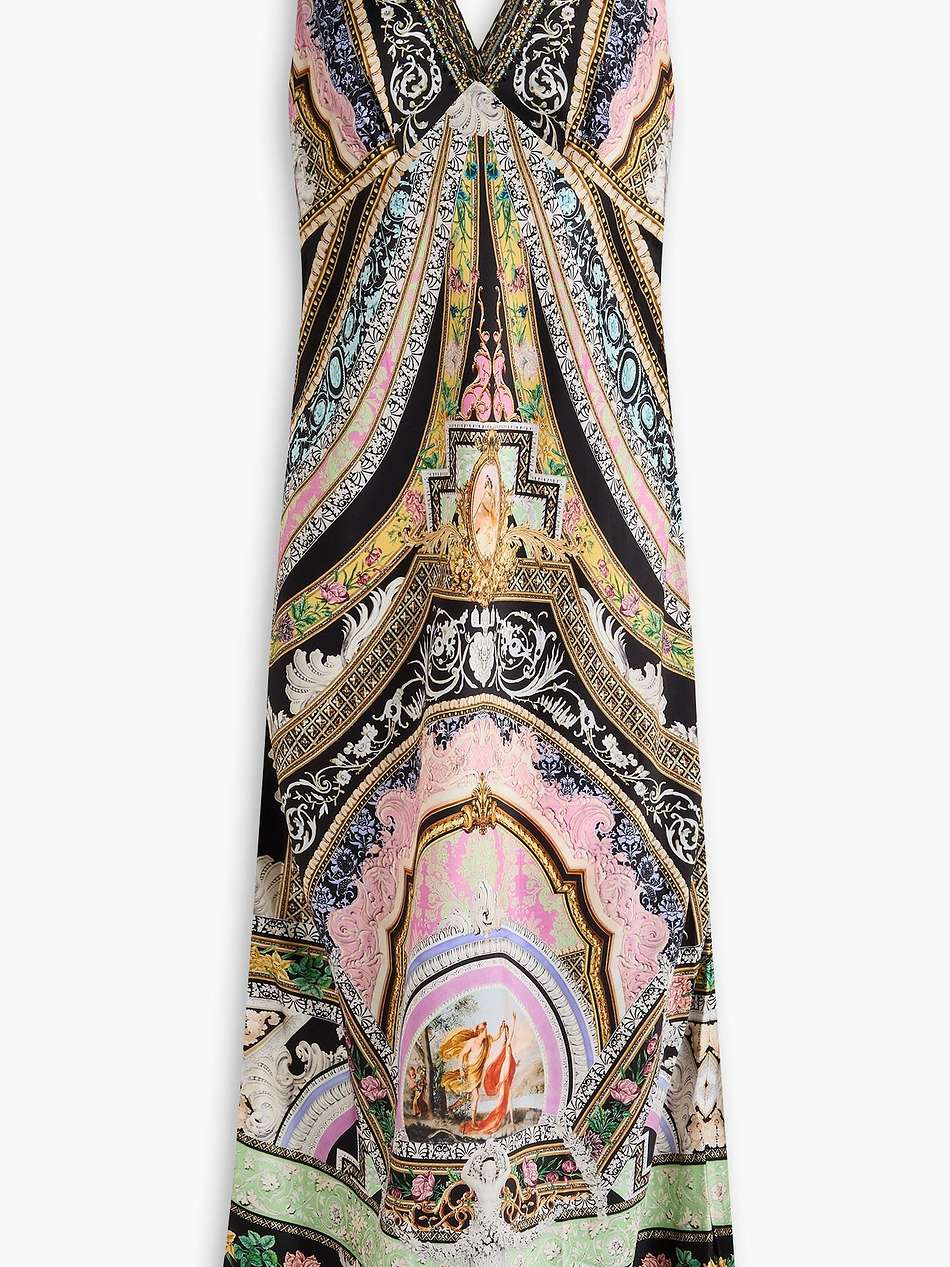 crystal-embellished printed silk-satin midi dress