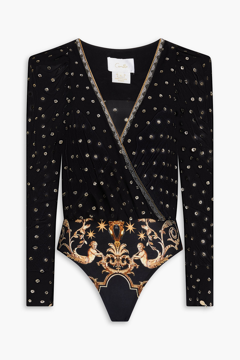 Camilla Embellished Printed Metallic Fil Coupé Silk-blend Georgette And Jersey Bodysuit In Black