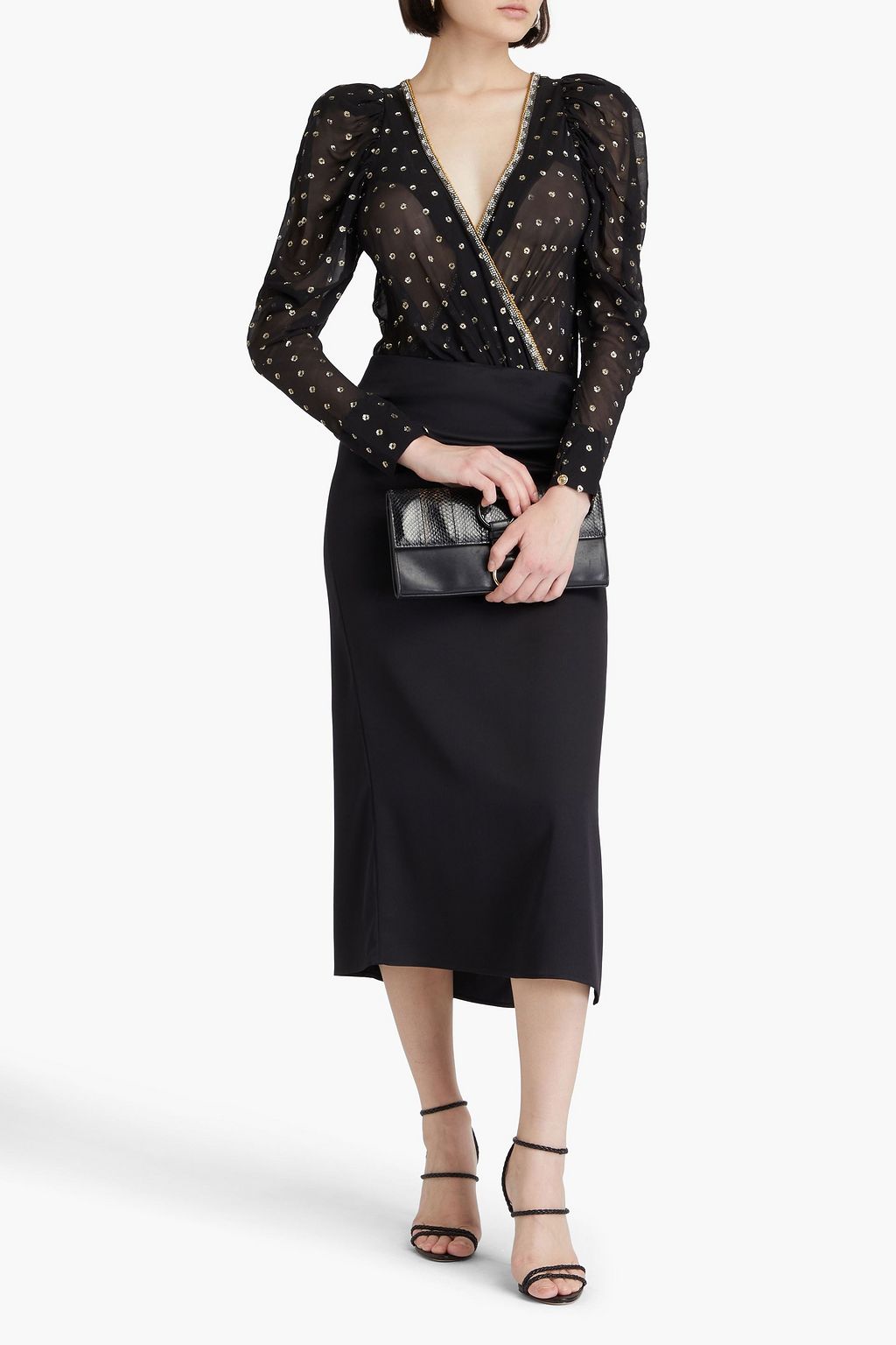 CAMILLA Verzierter Body aus Jersey und Georgette aus einer Seidenmischung mit Metallic-Fil-Coupé und Print