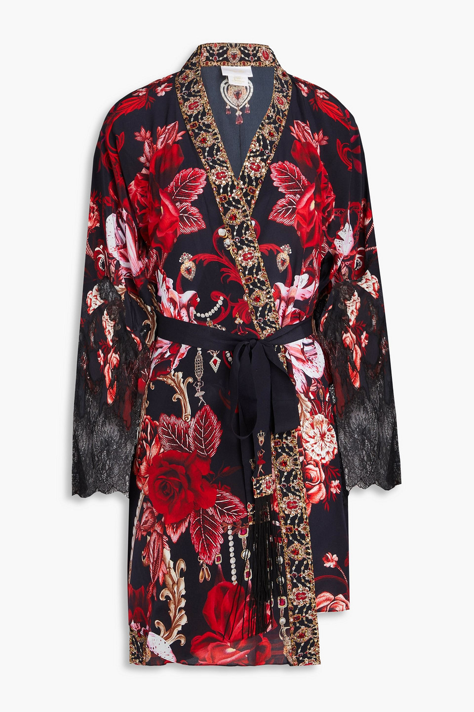 Camilla Crystal-embellished Lace-trimmed Floral-print Silk Crepe De Chine Coverup In Black