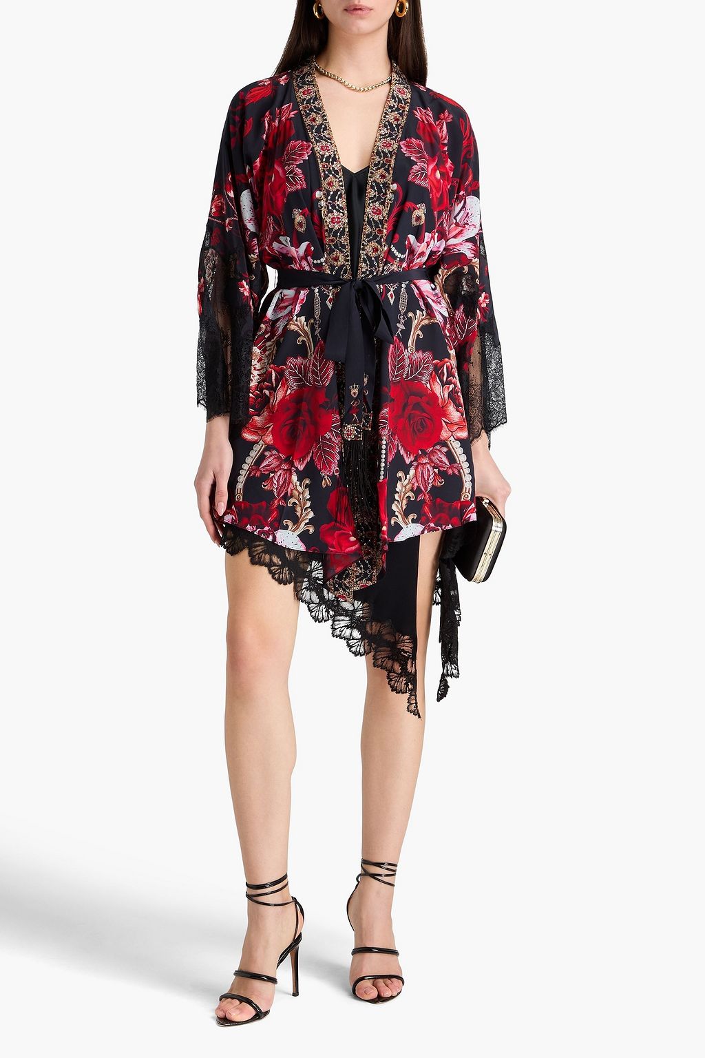 CAMILLA Crystal-embellished lace-trimmed floral-print silk crepe de chine coverup