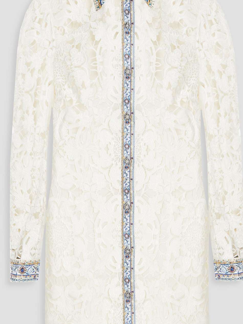 crystal-embellished linen-blend guipure lace mini shirt dress