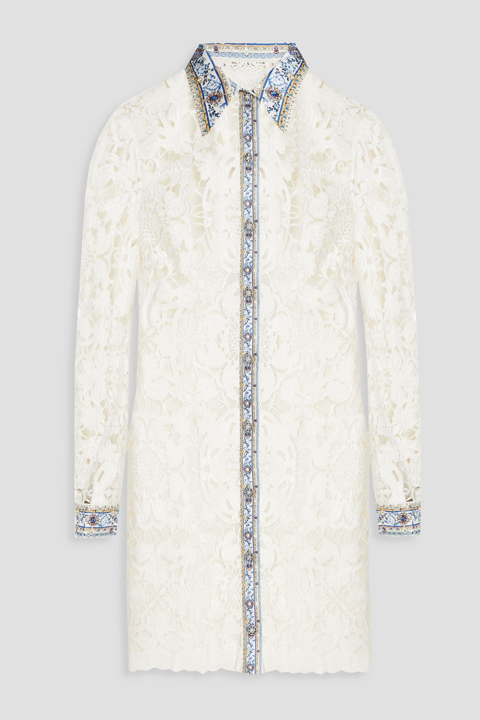 Camilla Crystal-embellished Guipure Lace Linen-blend Mini Shirt Dress In White