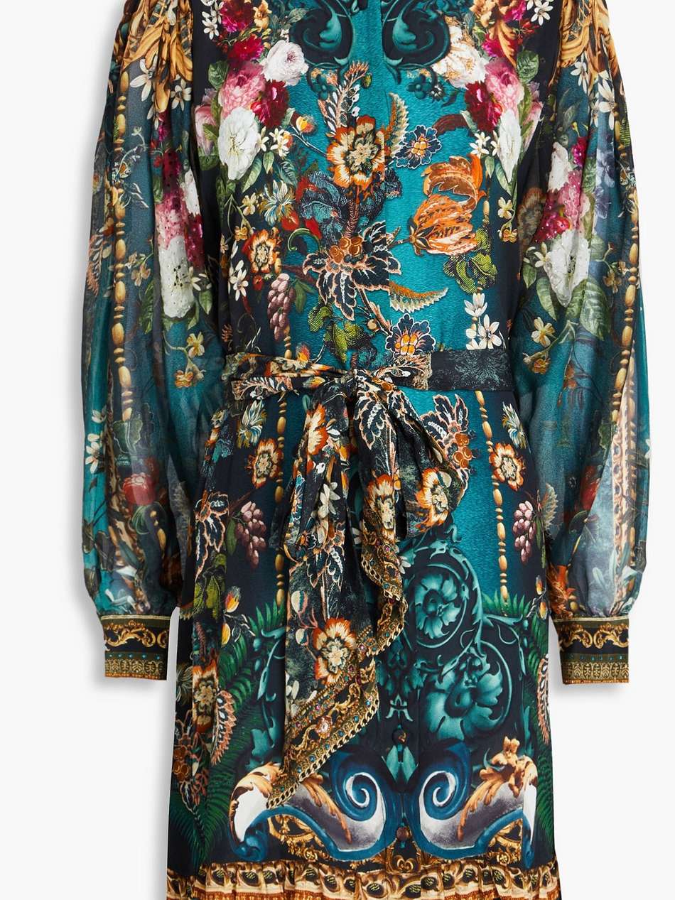 crystal-embellished printed silk crepe de chine mini dress