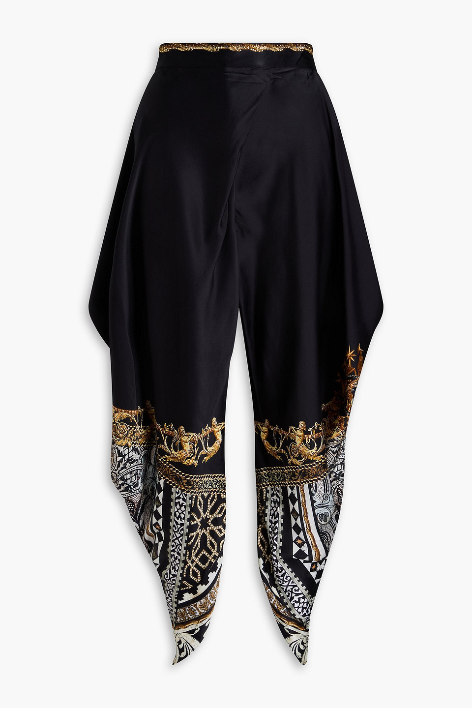 Camilla Draped Printed Silk-satin Tapered Pants In Midnight Blue