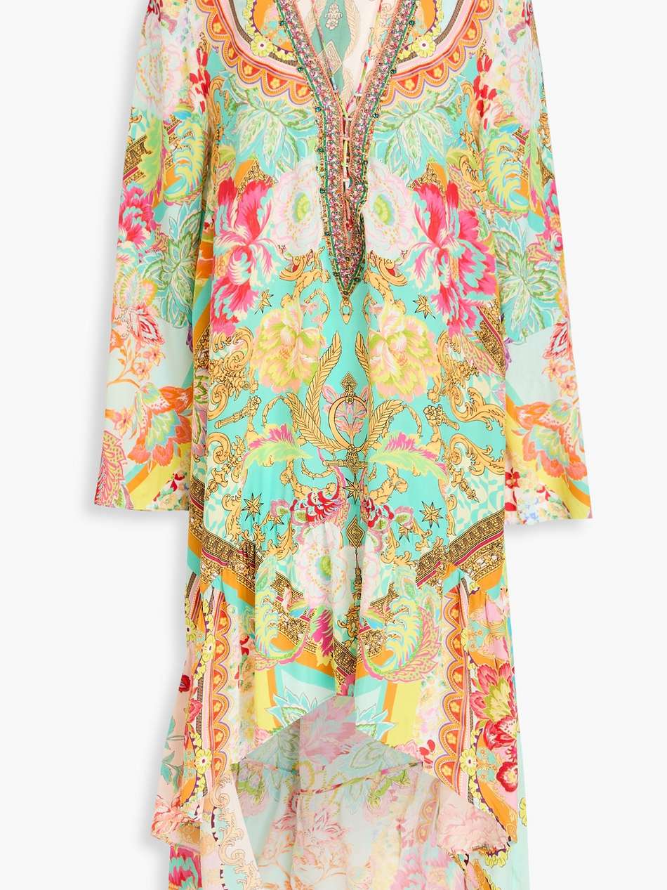 asymmetric crystal-embellished printed silk crepe de chine maxi dress