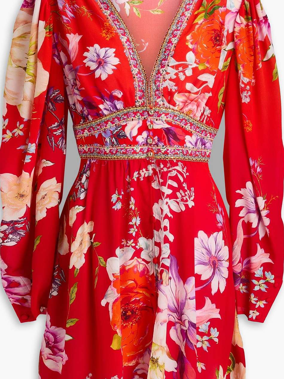 crystal-embellished floral-print silk crepe de chine mini dress