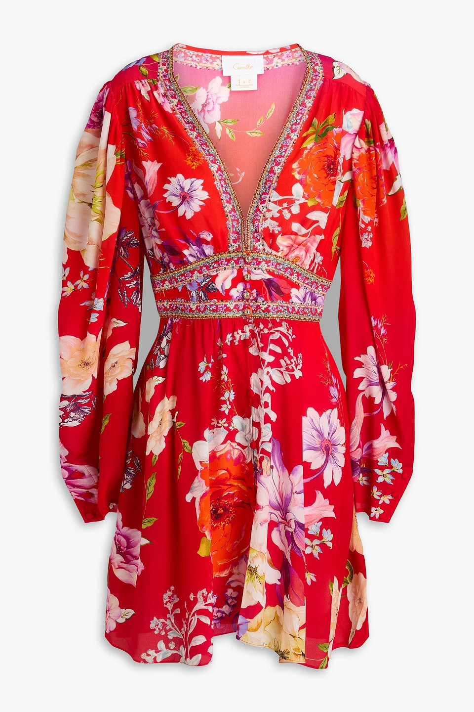 Camilla - Crystal-embellished floral-print silk crepe de chine mini dress - Red - XXS