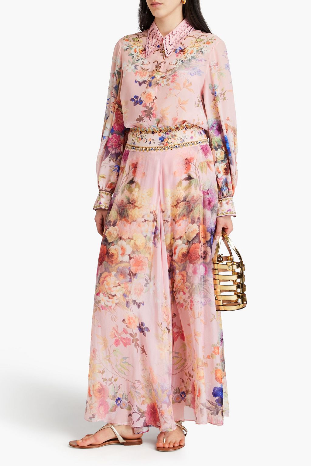 CAMILLA Crystal-embellished floral-print silk-voile wide-leg pants