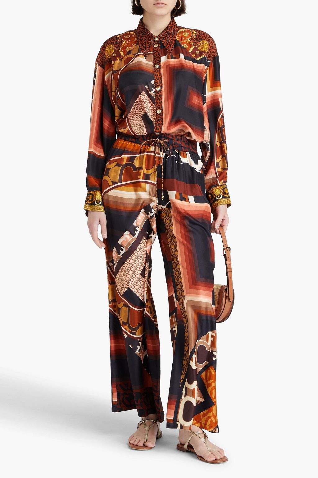 CAMILLA Embellished printed silk-twill wide-leg pants