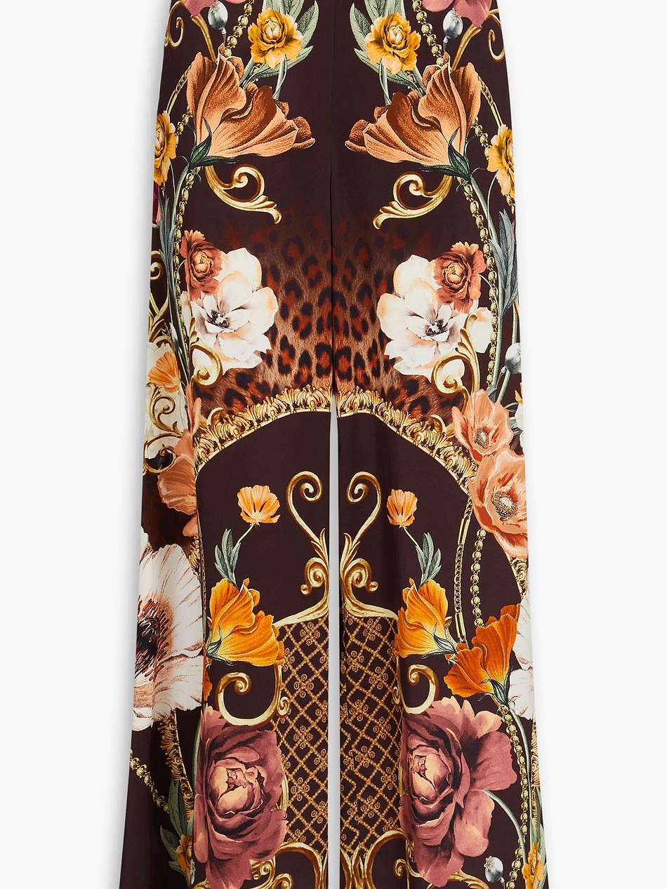 crystal-embellished printed silk-satin wide-leg pants