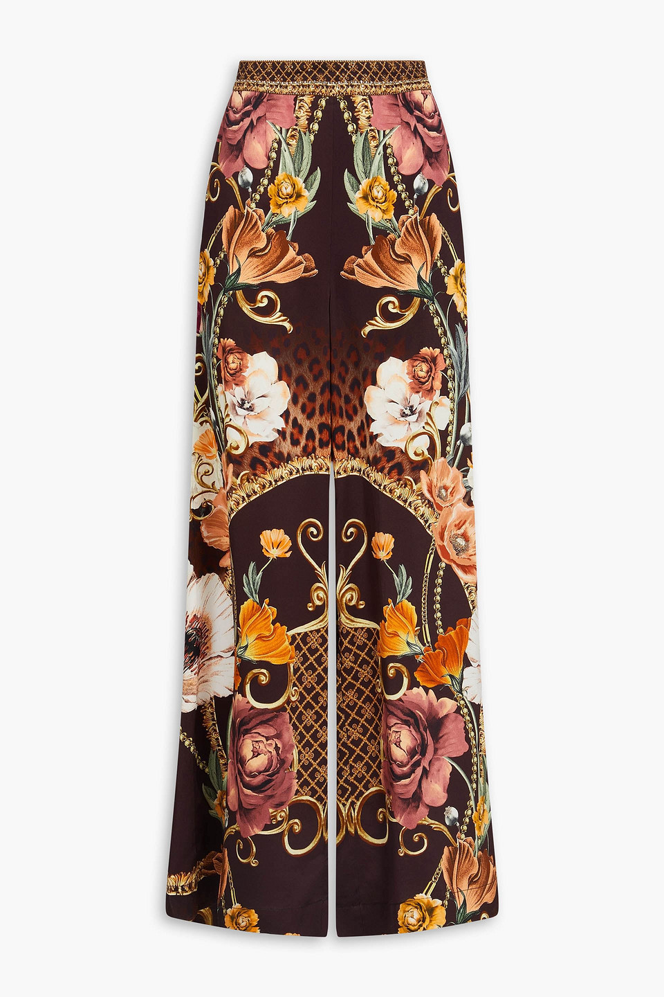 Crystal-embellished printed silk-satin wide-leg pants