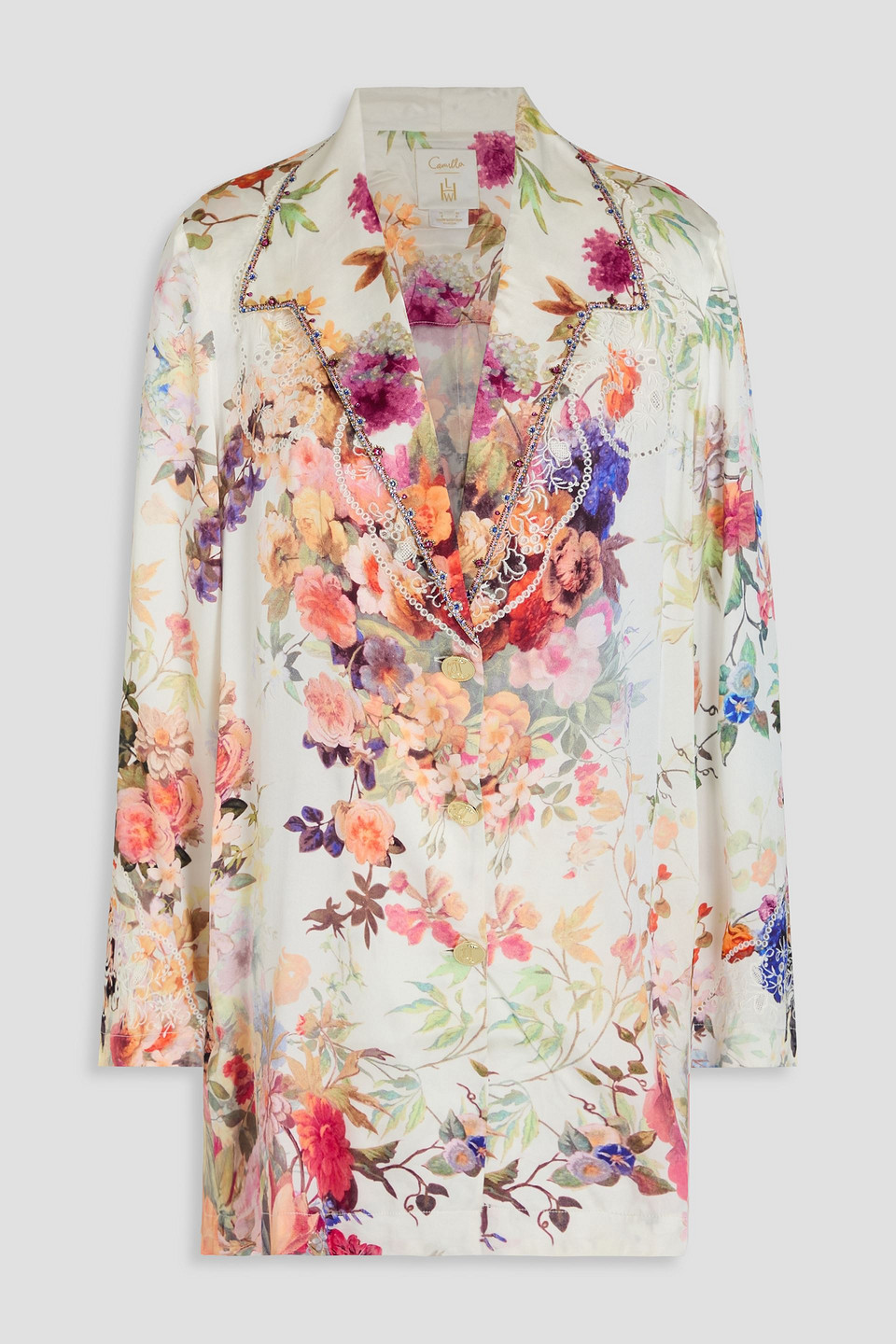 Camilla Crystal-embellished Floral-print Silk-satin Blazer In Off-white