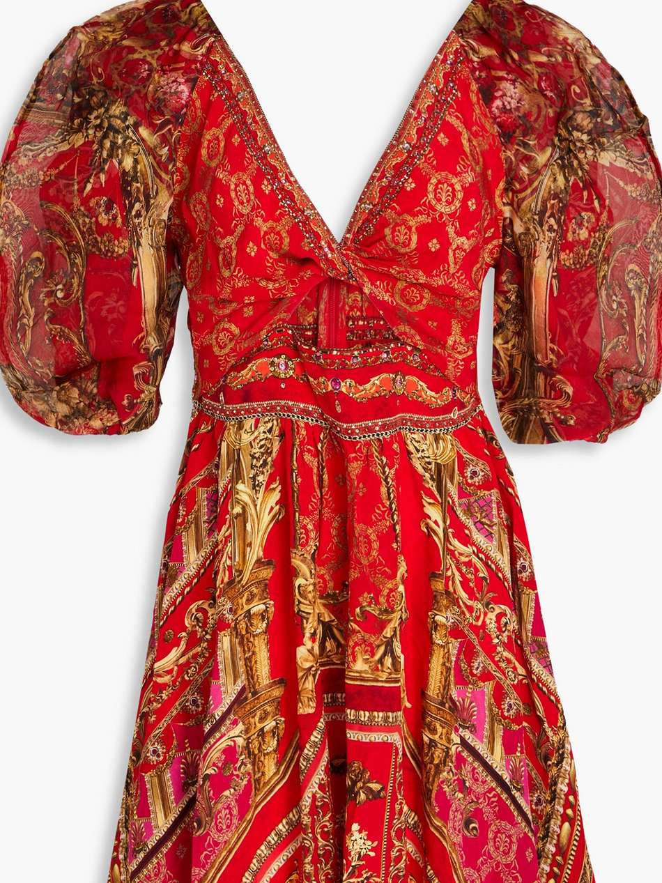 cutout crystal-embellished printed silk crepe de chine mini dress